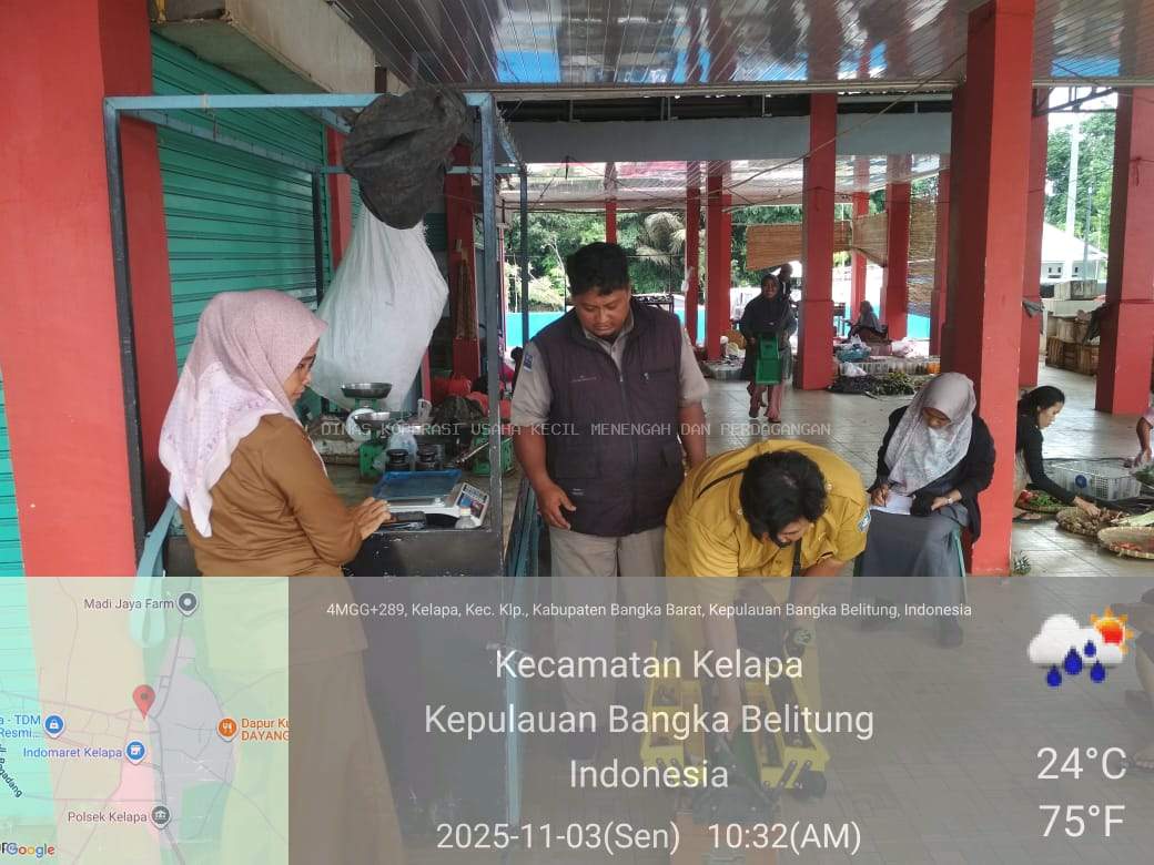 Dinas Koperasi, UKM dan Perdagangan Kab Bangka Barat Melaksanakan Kegiatan Tera dan Tera Ulang UTTP dan Pengawasan di Pasar Kelapa